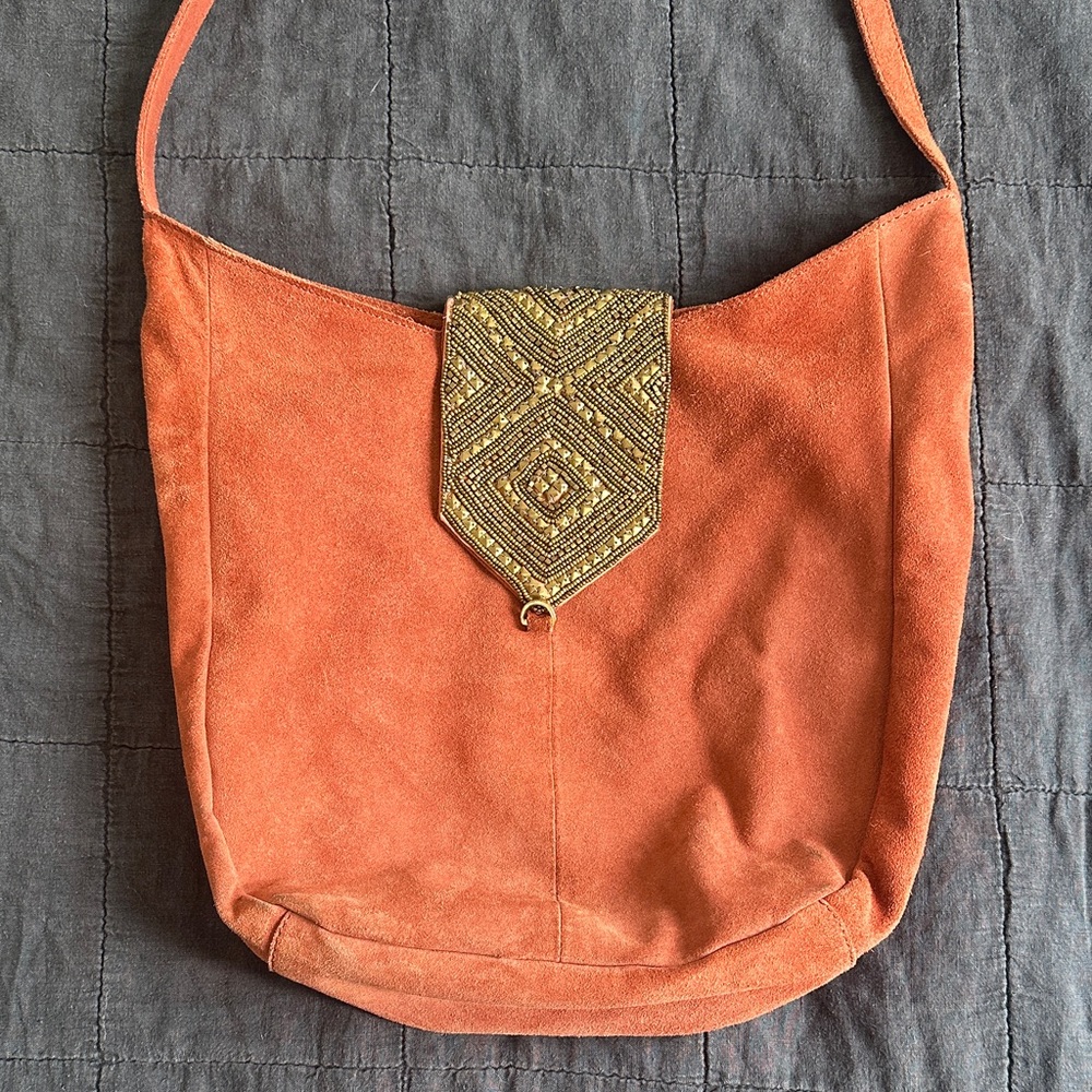 Anthropologie Burnt Orange Suede Shoulder Bag with Gold Accent